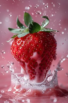 A berry, the strawberry, is dropping into a pink liquid, joining a mix of natural foods and ingredients in a fluid concoction