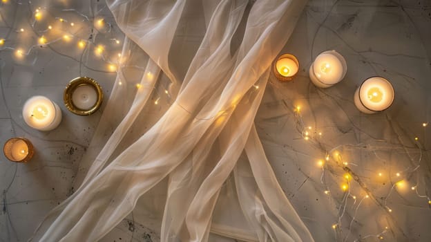 A wooden table with plates and candles on it. An automotive fog light and headlamp also sit on the table, creating a cozy ambiance in the space AIG50