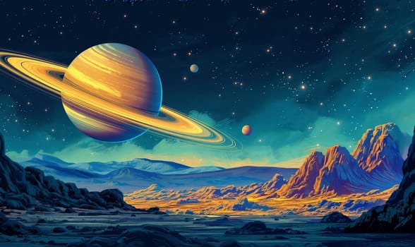 Saturn Rising Over Alien Landscape at Dusk. Selective focus.