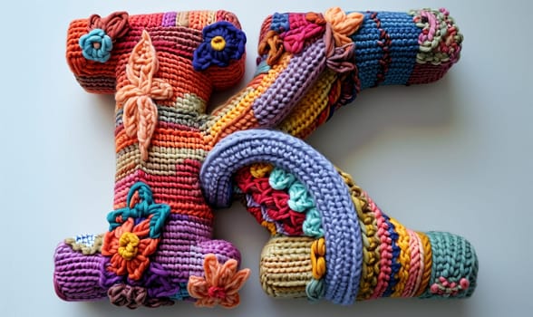 Knitted colored letter K on an abstract background. Selective focus.