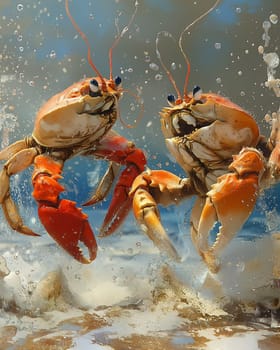Cartoon, 3D, two crabs walking in the water along the shore. Selective focus.