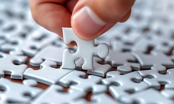Close-up of a hand placing a puzzle piece. Selective focus.