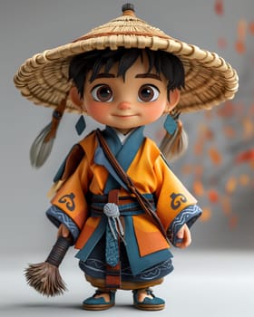 Cartoon, 3D boy in national traditional Asian attire. Selective focus.