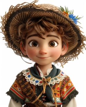 Cartoon, 3D boy in national traditional European attire. Selective focus.