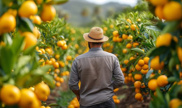 Man in straw hat strolling in orange grove. Selective focus.