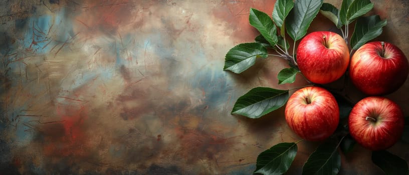 Red apples with leaves on a vintage background. Selective focus.