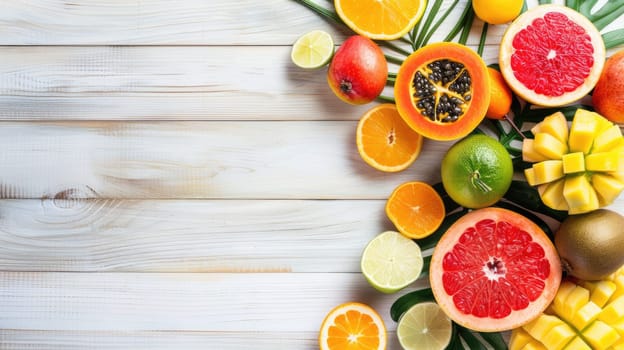 A diverse selection of tropical fruits and leaves displayed on a wooden table, perfect ingredients for creating exotic cuisine dishes and natural food recipes AIG50