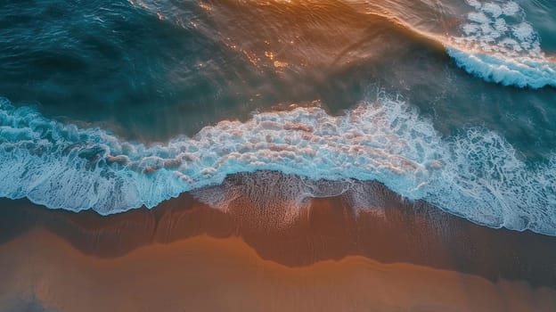 A breathtaking aerial view of a wave crashing against a mountain at sunset, showcasing the unique combination of water, heat, and geological phenomenon in the natural landscape AIG50