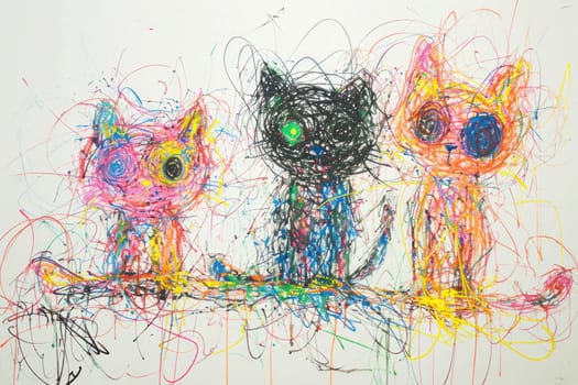 The hand drawing colourful picture of the group of the various type of the cat that has been drawn by the colored pencil or crayon on the white background that seem to be drawn by the child. AIGX01.