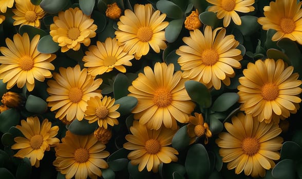 Golden Marigolds Amidst Lush Green Leaves. Selective focus.