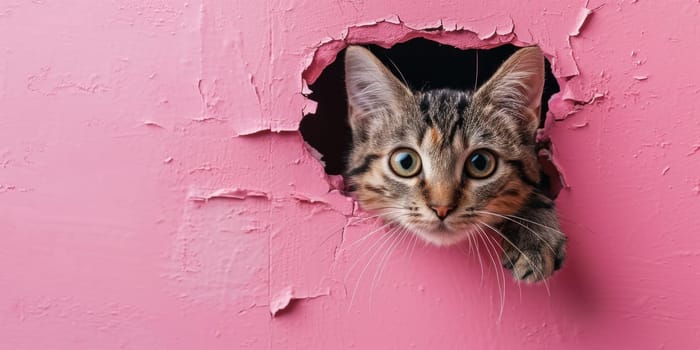 Close up view picture of the hollow pink hole on the the wall that show the cat stay inside the wall that has been made from some material yet still can break to look through the other side. AIGX03.