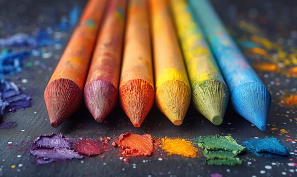 Row of Colored Pencils on Table. Selective focus.