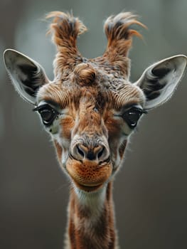 A closeup shot of a Giraffidaes face gazing directly at the camera, showcasing its lofty eye, long snout, and unique markings on its fawncolored body