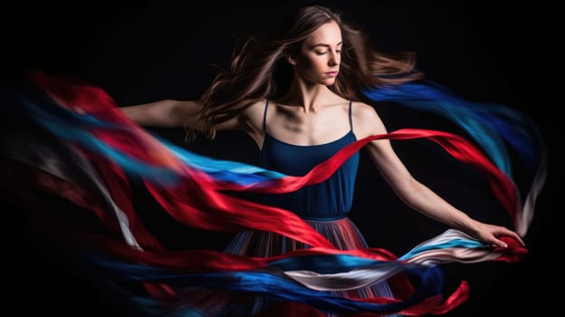 A photo of a beautiful young woman dancing with colorful ribbons. AIG51A.