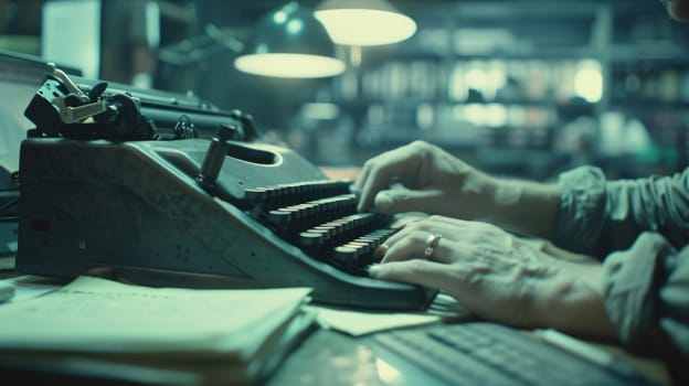 Skilled journalist typing typewriter while working and writing the journal. Professional writer writing, designing manuscript and preparing for sending to editor with blurring background. AIG42.