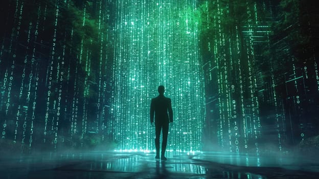 The picture of the single person that has been walking into the endless walkway that has been raining with the digital matrix green binary rain of code that seem like person search something. AIGX01.