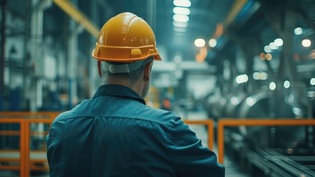 Smart civil engineer with safety helmet looking at production line while standing in front of factory. Professional supervisor or project manager or foreman checking and inspecting machine. AIG42.