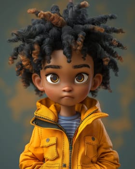 Cartoon, 3D, close-up of a boy in a yellow jacket. Selective focus.