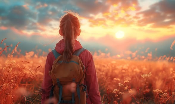 Woman Admiring Sunset in Blossoming Field. Selective soft focus.