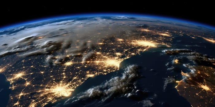 3D image of a textured Earth with golden light patterns. An image of digital art of globe with glowing light. Futuristic globe concept for environmental, technology, and global connectivity. AIG35.