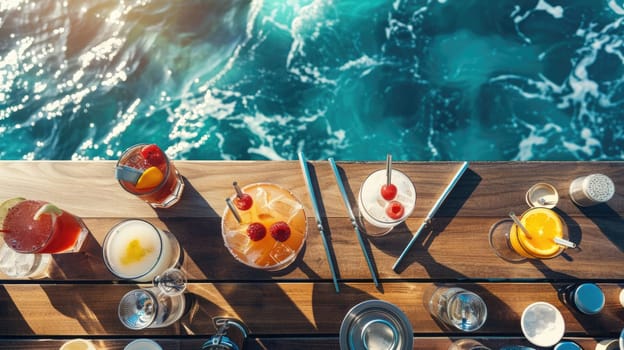 A line of beverages placed on a wooden pier by the ocean, surrounded by a natural environment with lush plants, trees, and underwater organisms. A tranquil scene for leisure AIG50