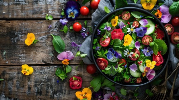 A plantbased recipe using natural foods like vegetables and edible flowers, beautifully presented on tableware. Includes ingredients like roses, fruits, and fresh vegetables AIG50