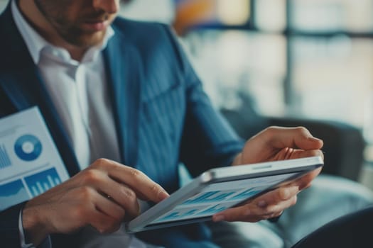 Close up of professional business man reading financial report by using tablet while making decision for investment. Skilled investor planning marketing strategy while checking at data analyze. AIG42.
