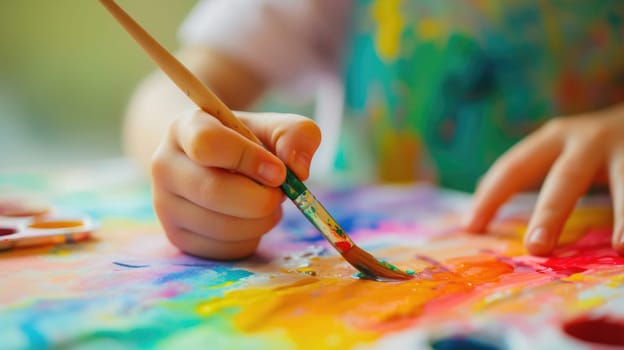 Close up of happy children hands holding paint brush and painting picture with colorful watercolors. Elementary student attend in art lesson while using watercolors and mixing color on paper. AIG42.