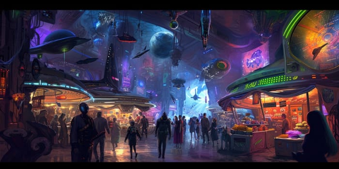 A vibrant, bustling futuristic city street lined with shops and restaurants, with pedestrians and flying vehicles filling the scene. Resplendent.
