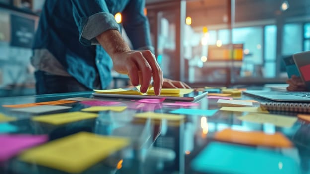 Project manager looking at financial data while brainstorming marketing idea by using colorful sticky notes. Smart business people workoing and planning strategy while wearing casual cloth. AIG42.