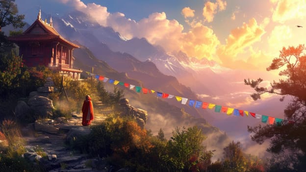 Sunrise illuminates a Himalayan temple and vibrant prayer flags, with the majestic snow-capped mountains creating a breathtaking backdrop. A tranquil monastery high in the mountains. Resplendent.