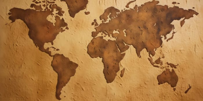 World map in cracked dry soil texture on orange or brown background. Environmental change and global warming concept. Design for climate awareness, earth conservation, geography education. AIG35.