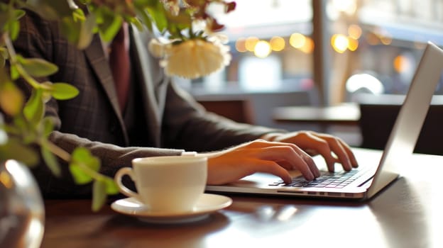 Close up of smart business man hands working on laptop at modern office. Skilled project manager using computer to plan marketing strategy or looking at financial statistic while wearing suit. AIG42.