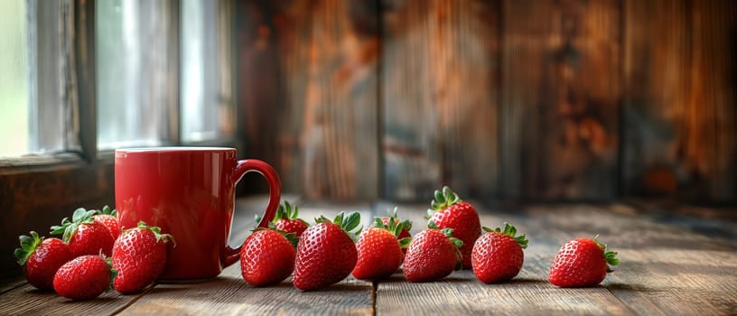 Red Cup With Strawberries on Wooden Table. Selective focus.