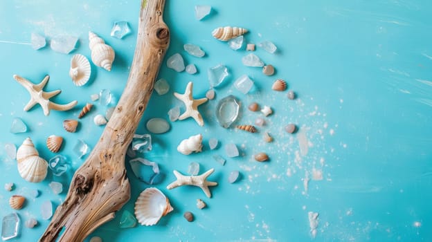 Waterinspired art with sea shells and glass beads on an electric blue background, creating a stunning pattern reminiscent of aqua circles. A fashion accessory perfect for any beach event AIG50