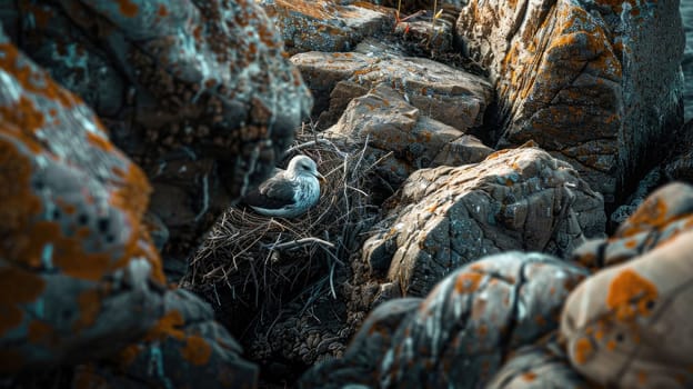 A seabird with a sharp beak, part of the Charadriiformes order, is perched on a rock nest made of natural materials on the bedrock soil landscape AIG50