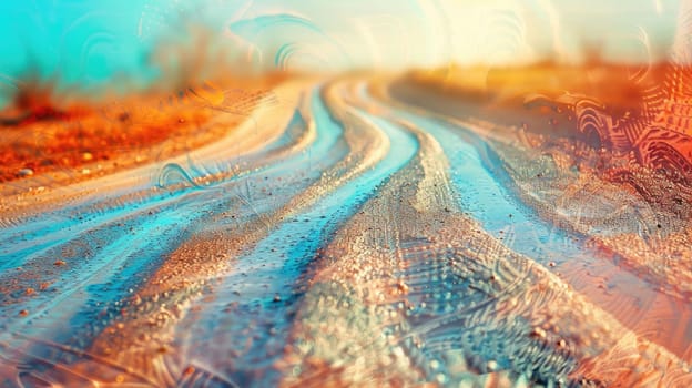 A vibrant painting of a winding road with an electric blue sky and a majestic mountain in the background, showcasing the beauty of natural landscape through art and intricate patterns AIG50