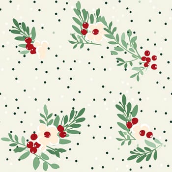 Seamless pattern, tileable Christmas holiday floral country dots print, English countryside flowers for wallpaper, wrapping paper, scrapbook, fabric and product design motif