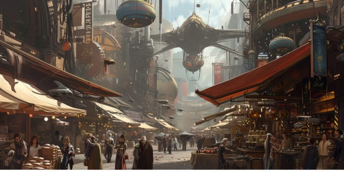 A fleet of steampunk airships hovers above a Victorian-inspired cityscape, enveloped in a golden mist at dawn. Resplendent.
