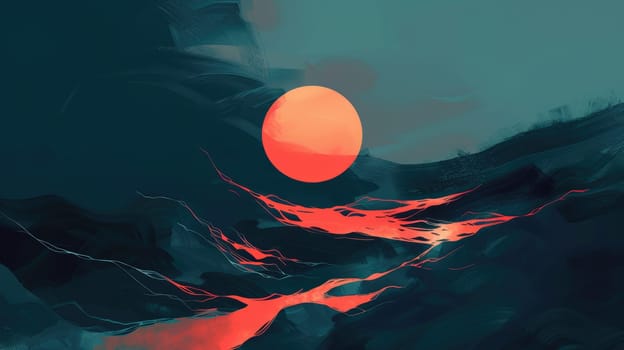 A digital painting of a red moon rising over a mountain range. The sky is dark blue and the mountains are black. The moon is bright red and has a glowing orange aura. The mountains are silhouetted against the sky. AIG51A.