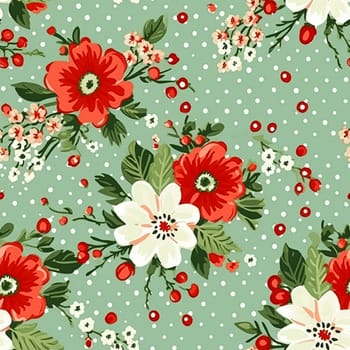 Seamless pattern, tileable Christmas holiday floral country dots print, English countryside flowers for wallpaper, wrapping paper, scrapbook, fabric and product design motif