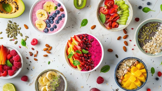 A selection of bowls filled with a variety of fruits and nuts displayed on a table, perfect as finger food or garnish for a sweet dish. Ingredients for a delicious and nutritious recipe AIG50