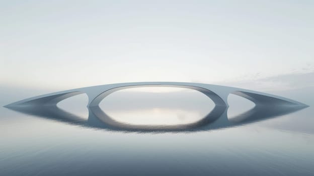 An image of minimalist architectural building or bridge surrounded with river and clear sky. Modern construction design represent tranquility and peaceful atmosphere with white and blue color. AIG42.
