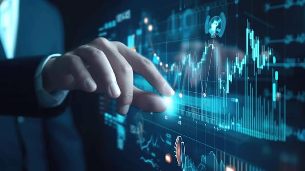 A hand points to fluctuating financial graphs on a futuristic digital interface, depicting the analysis of market trends and data. AIG41