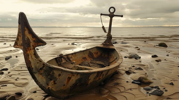 A weathered anchor rests on the sandy beach, surrounded by the gentle lapping of water. Nearby, a vibrant plant adds a touch of life to the serene scene AIG50