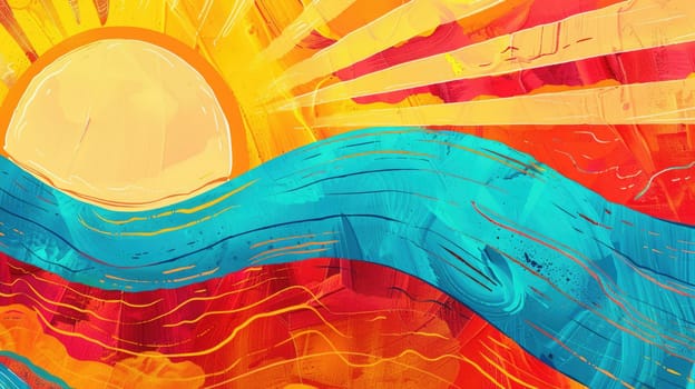 A detailed image capturing the vibrant colors of a rainbow reflecting off a body of water, with patterns resembling wind waves and clouds, depicted in a painting with electric blue hues AIG50