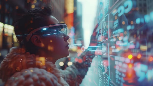 Business person wearing VR headset with financial statistic holographic floating. Close up of smart project manager looking at hologram of marketing graph while using visual reality goggle. AIG42.