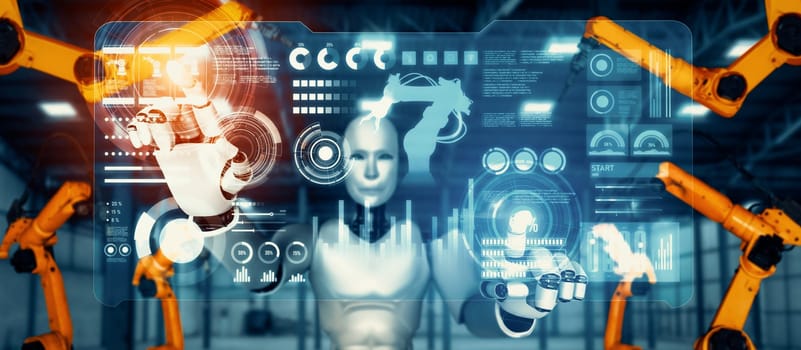 MLP Mechanized industry robot and robotic arms for assembly in factory production. Concept of artificial intelligence for industrial revolution and automation manufacturing process.