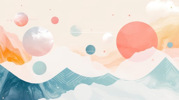 A digital artwork of a colorful pastel and vibrant landscape with blue ocean wave with marble texture. Abstract picture of geometric with blue and pink shade and mountain or ocean wave shape. AIG42.