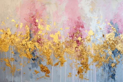 The abstract picture of the gold, pink and blue colour that has been painted or splashed on the white blank background wallpaper to form the random shape that cannot be describe yet beautiful. AIGX01.